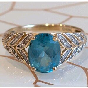 14k Blue Topaz Ring Vintage Gold Diamond Accents December Birthstone Signed Sz 6
